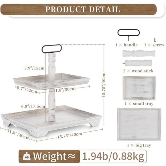 Tiered Tray for Table Decor: 2 Tier Serving Stand Farmhouse Decorative Tray - Picture 6 of 7
